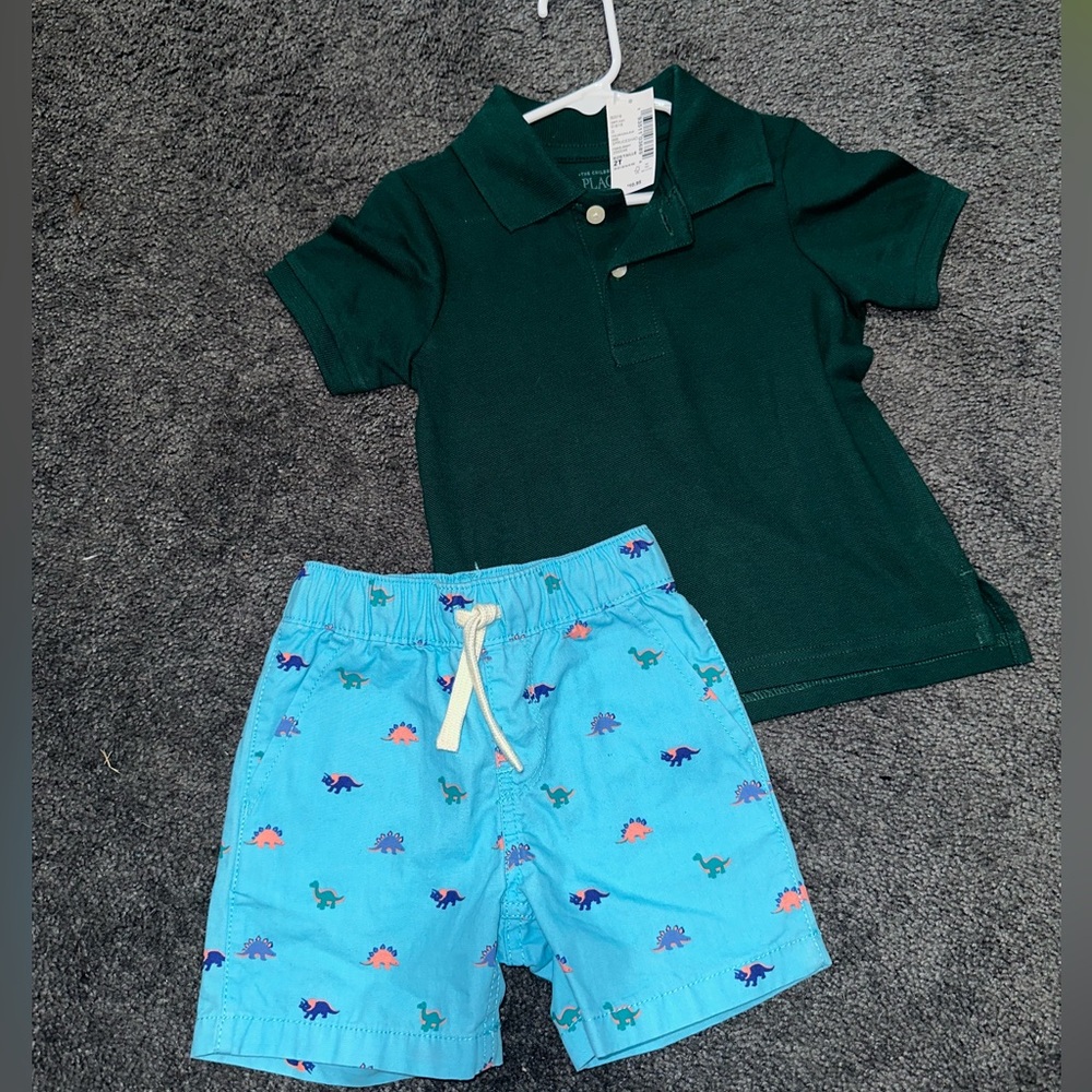 NWT Toddler Green Collard Shirt and NWOT Blue Dinosaur Print Shorts